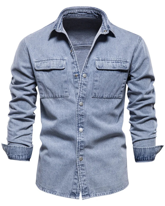 100% Cotton Casual Denim Shirt for Men - Long Sleeve