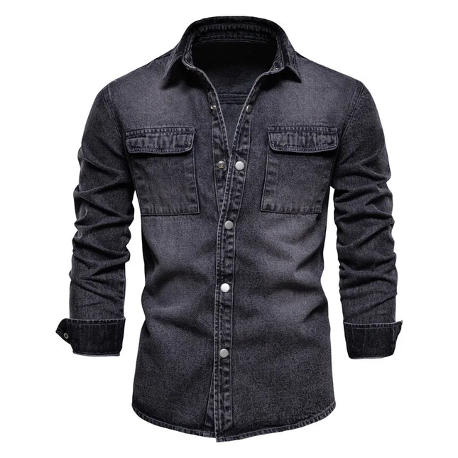 100% Cotton Casual Denim Shirt for Men - Long Sleeve