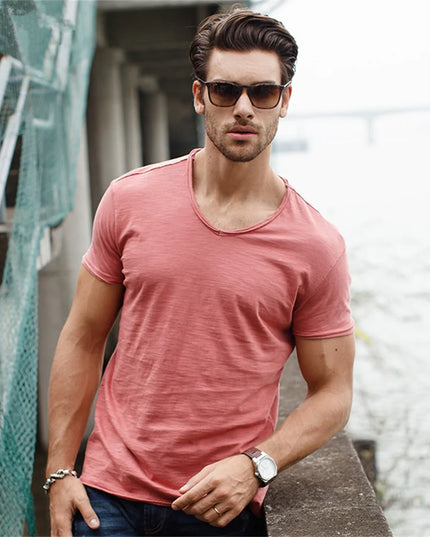 100% Cotton V-Neck T-Shirt for Men - Casual Slim Fit Tee