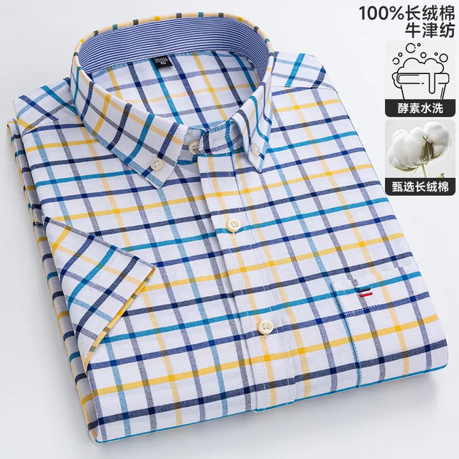100% Pure Cotton Short Sleeve Oxford Shirts for Men - Plaid Style