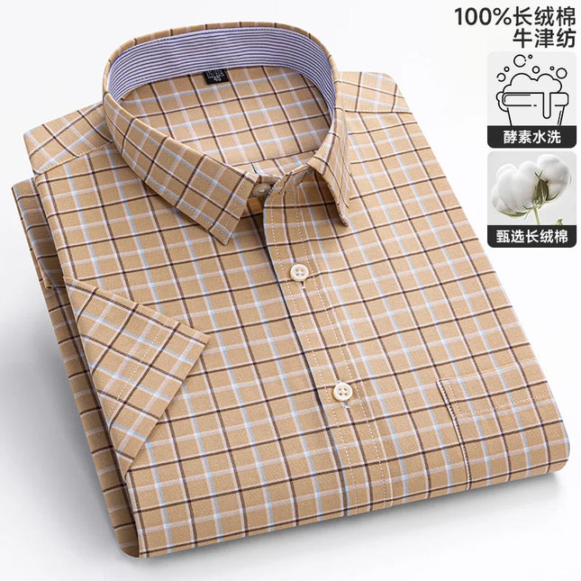 100% Pure Cotton Short Sleeve Oxford Shirts for Men - Plaid Style