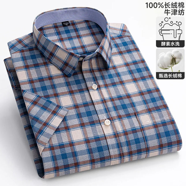 100% Pure Cotton Short Sleeve Oxford Shirts for Men - Plaid Style