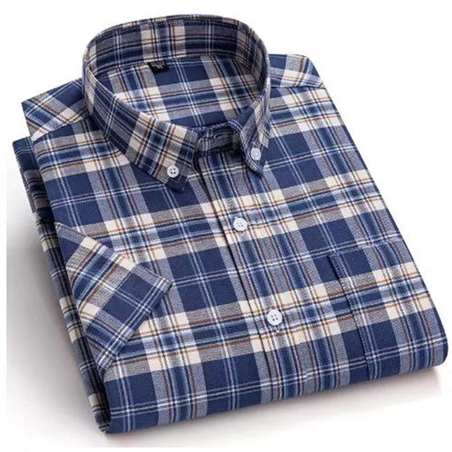 100% Pure Cotton Short Sleeve Oxford Shirts for Men - Plaid Style