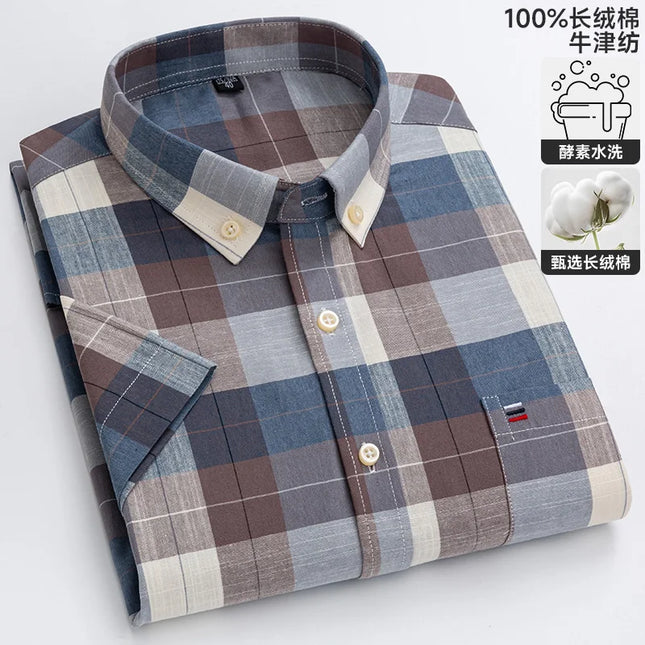 100% Pure Cotton Short Sleeve Oxford Shirts for Men - Plaid Style