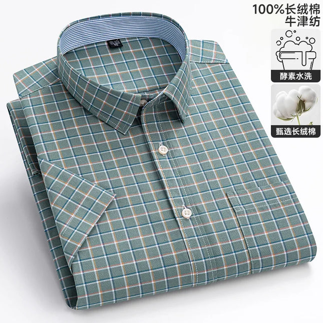 100% Pure Cotton Short Sleeve Oxford Shirts for Men - Plaid Style