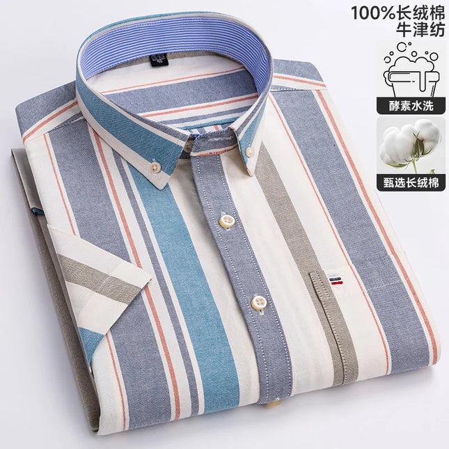 100% Pure Cotton Short Sleeve Oxford Shirts for Men - Plaid Style