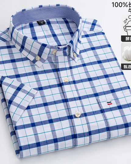 100% Pure Cotton Short Sleeve Oxford Shirts for Men - Plaid Style
