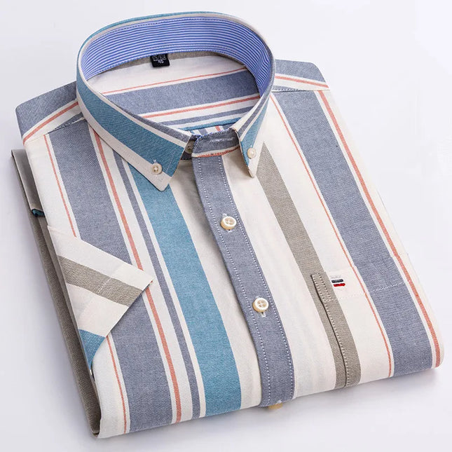 100% Pure Cotton Short Sleeve Oxford Shirts for Men - Plaid Style