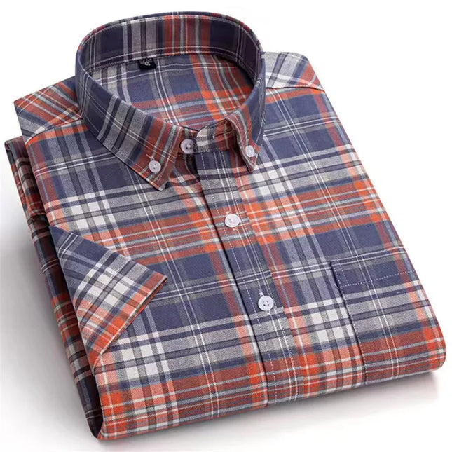 100% Pure Cotton Short Sleeve Oxford Shirts for Men - Plaid Style