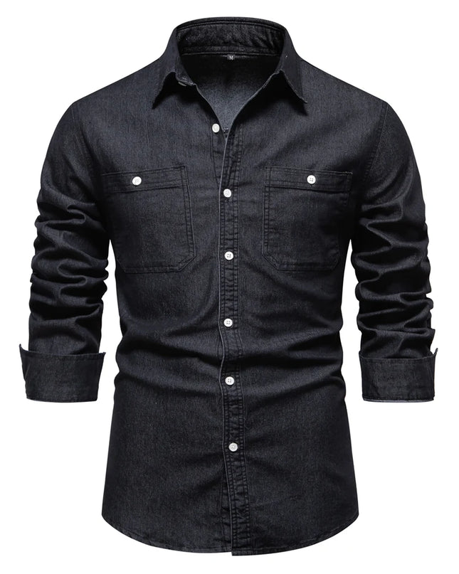 2023 Men's Denim Shirt - Casual Cotton Slim Fit with Double Pockets