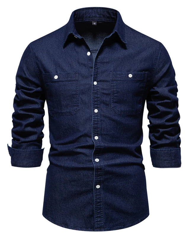 2023 Men's Denim Shirt - Casual Cotton Slim Fit with Double Pockets