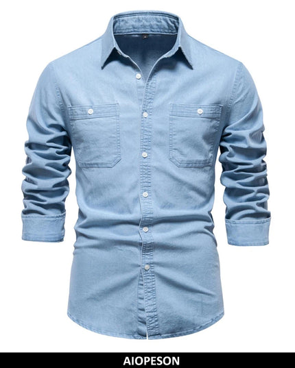 2023 Men's Denim Shirt - Casual Cotton Slim Fit with Double Pockets