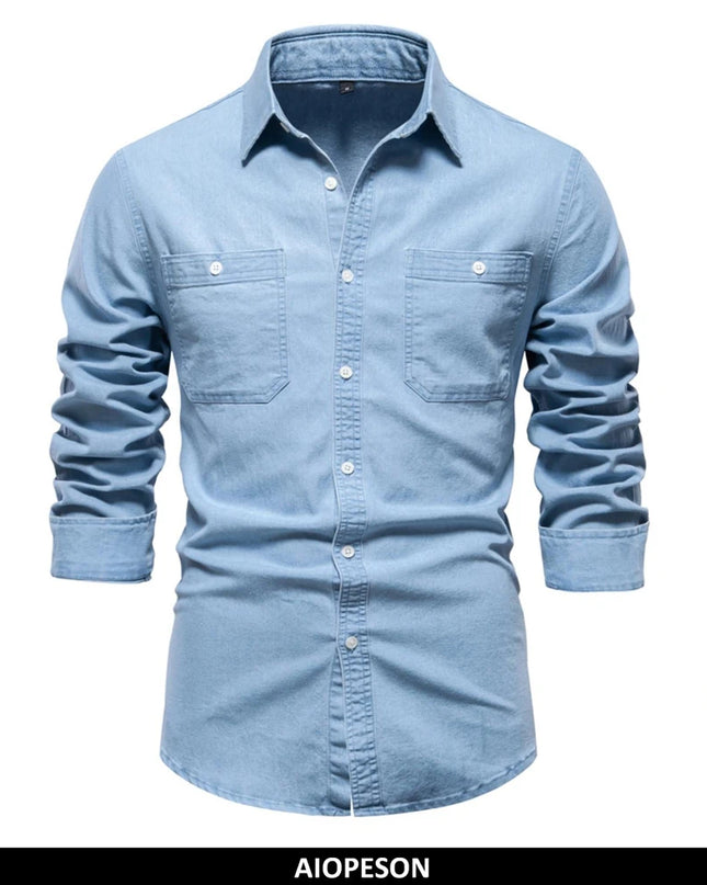 2023 Men's Denim Shirt - Casual Cotton Slim Fit with Double Pockets
