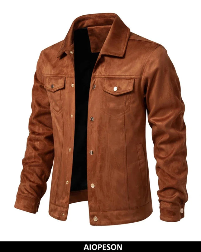 2023 Men's Suede Leather Jacket - Casual Luxury, Turn Down Collar