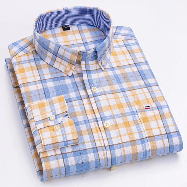 2024 Men's Long Sleeve Oxford Shirt - Comfortable Cotton Plaid