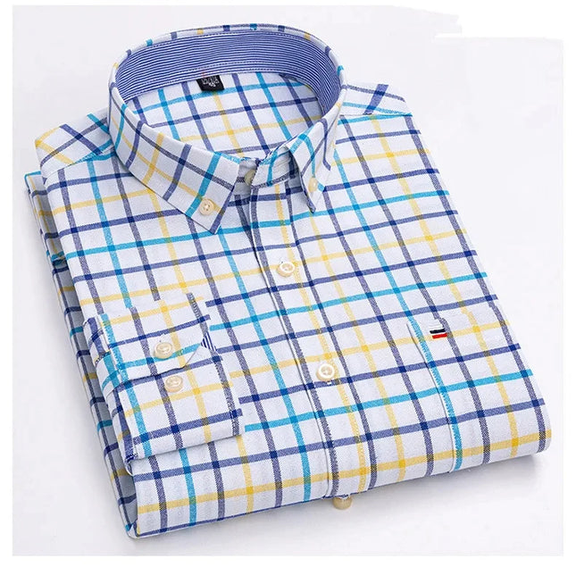2024 Men's Long Sleeve Oxford Shirt - Comfortable Cotton Plaid