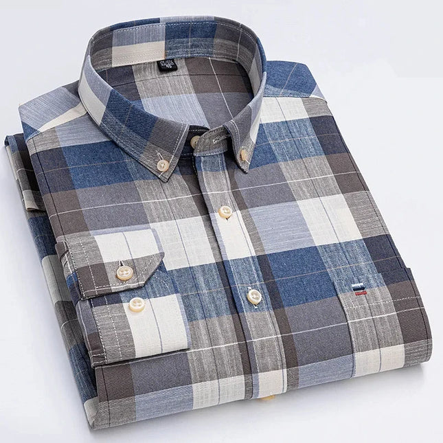 2024 Men's Long Sleeve Oxford Shirt - Comfortable Cotton Plaid