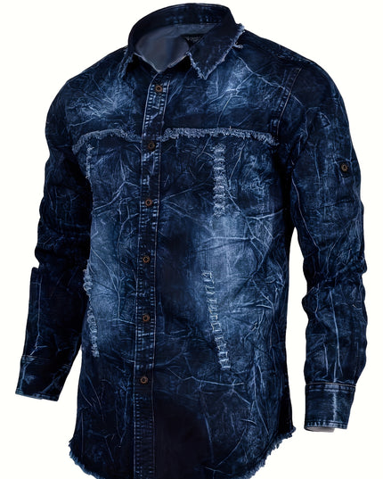 Men'S Retro Denim Shirt | Long-sleeved, Fashionable New Style, Casual Coat with High-end Feel, Washed Denim, Lapel Collar, Classic Blue, Versatile Top, Handcrafted, Popular for Men -   | Stylish & Elegant Fashion by Voldri