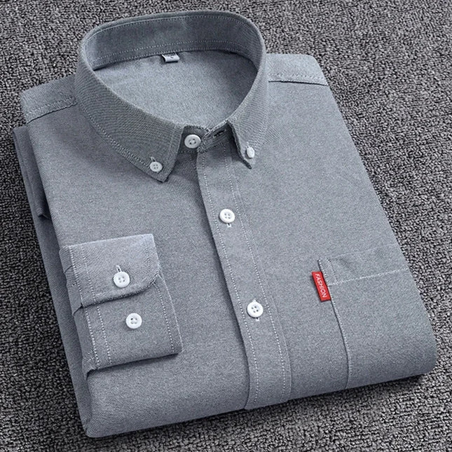 5XL Men's Cotton Oxford Shirt - Long Sleeve, Regular Fit, Solid Color