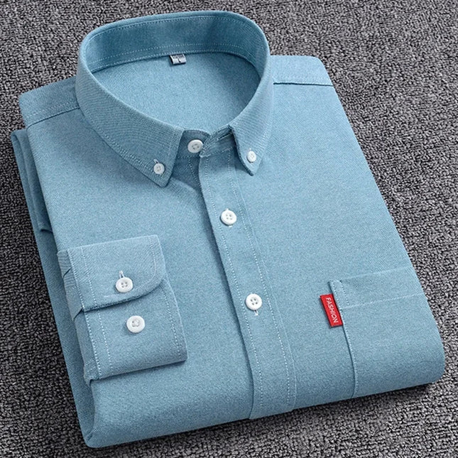 5XL Men's Cotton Oxford Shirt - Long Sleeve, Regular Fit, Solid Color