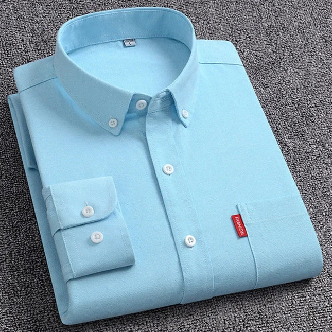 5XL Men's Cotton Oxford Shirt - Long Sleeve, Regular Fit, Solid Color