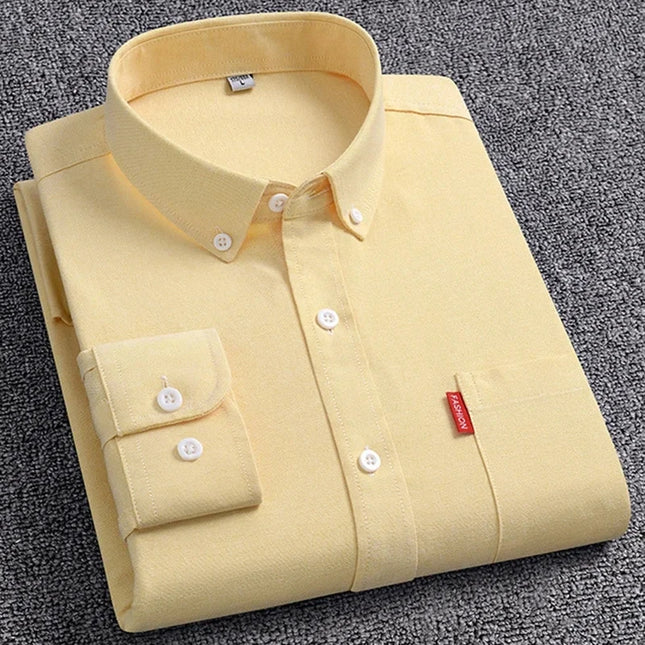 5XL Men's Cotton Oxford Shirt - Long Sleeve, Regular Fit, Solid Color
