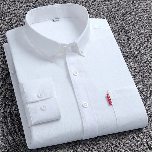 5XL Men's Cotton Oxford Shirt - Long Sleeve, Regular Fit, Solid Color