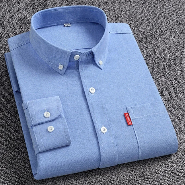 5XL Men's Cotton Oxford Shirt - Long Sleeve, Regular Fit, Solid Color