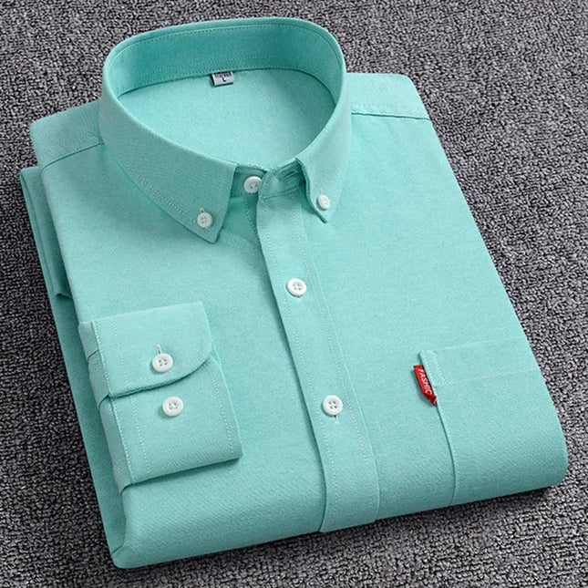 5XL Men's Cotton Oxford Shirt - Long Sleeve, Regular Fit, Solid Color