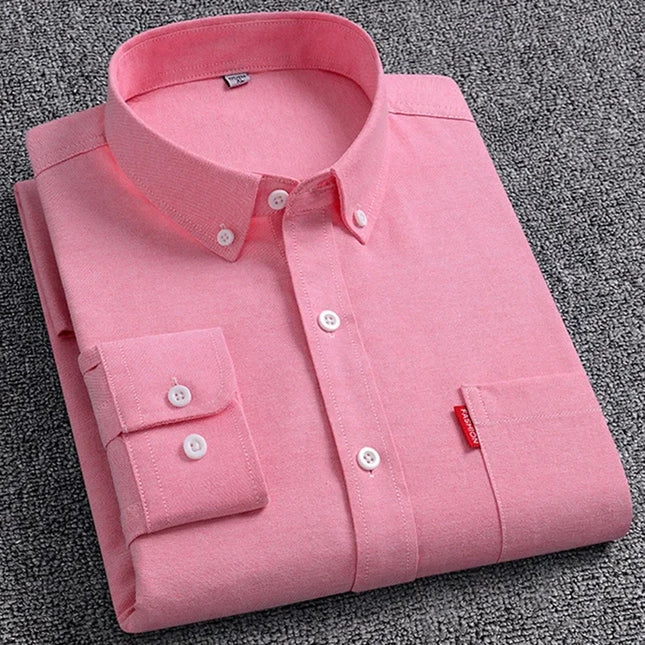 5XL Men's Cotton Oxford Shirt - Long Sleeve, Regular Fit, Solid Color