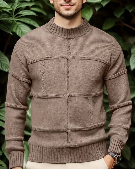 Men's Knitted Pullover Sweater with a Vintage Casual Style. Features a Comfortable, Mid-length Cut with a Round Neckline. Ideal for Layering in Spring and Autumn Seasons. The Garment Is Divided into Sections with Partial Vint -   | Stylish & Elegant Fashion by Voldri