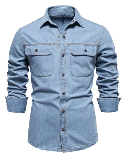 AIOPESON 100% Cotton Denim Shirt - Casual Long Sleeve for Men
