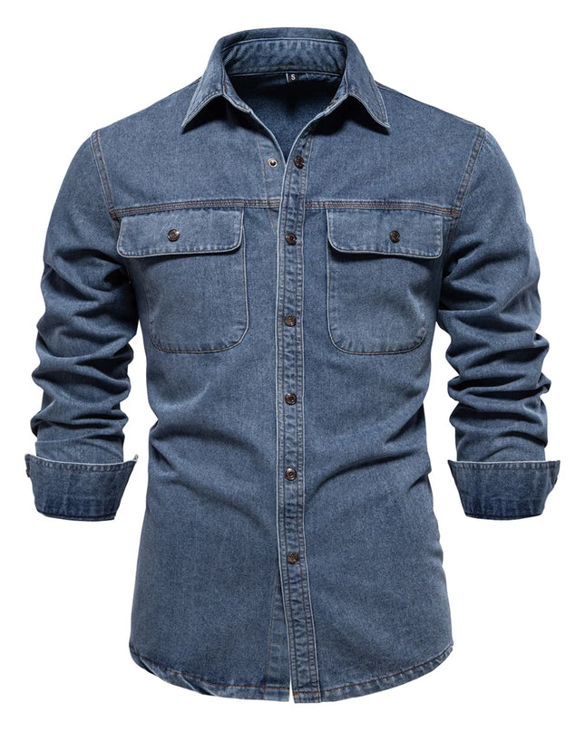 AIOPESON 100% Cotton Denim Shirt - Casual Long Sleeve for Men