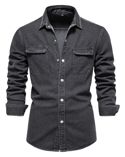 AIOPESON 100% Cotton Men’s Denim Shirt - Casual Double Pocket Style