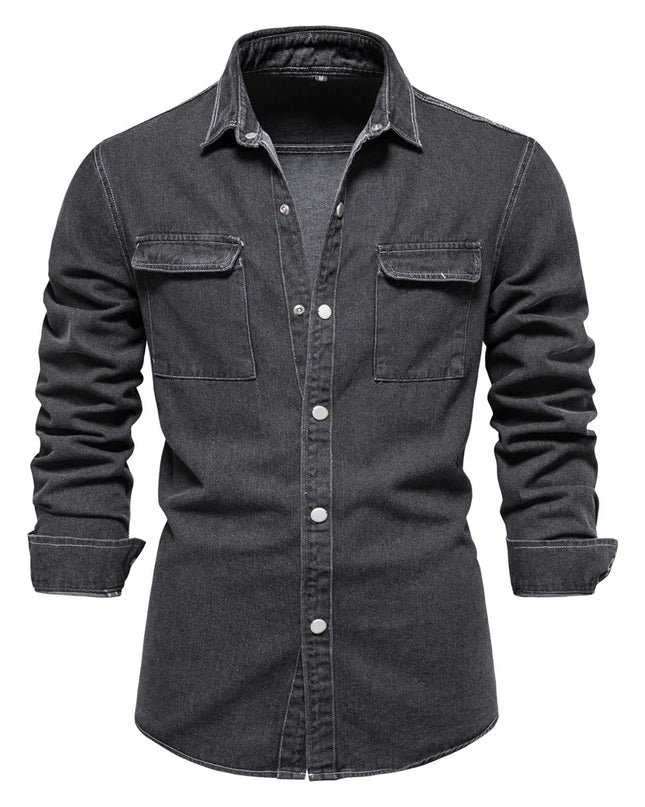 AIOPESON 100% Cotton Men’s Denim Shirt - Casual Double Pocket Style