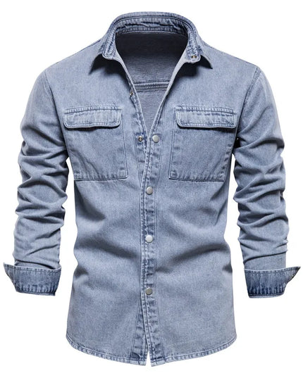 AIOPESON Men's 100% Cotton Denim Shirt - Casual Long Sleeve Quality