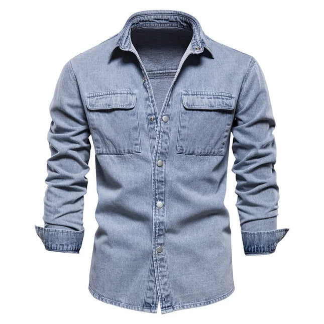 AIOPESON Men's 100% Cotton Denim Shirt - Casual Long Sleeve Quality