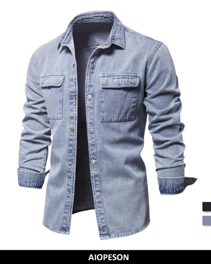 AIOPESON Men's 100% Cotton Denim Shirt - Casual Long Sleeve Quality