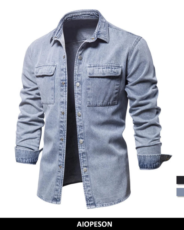 AIOPESON Men's 100% Cotton Denim Shirt - Casual Long Sleeve Quality