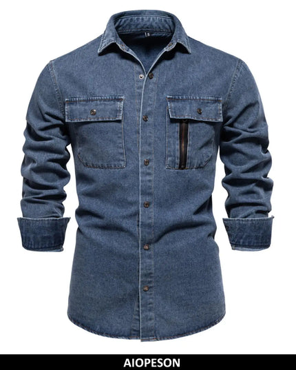 AIOPESON Men's 100% Cotton Denim Shirt - Thick & Casual Style