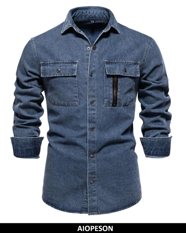 AIOPESON Men's 100% Cotton Denim Shirt - Thick & Casual Style