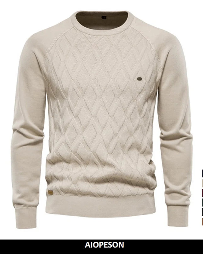 AIOPESON Men's Argyle O-neck Sweater - Warm Knitted Pullover