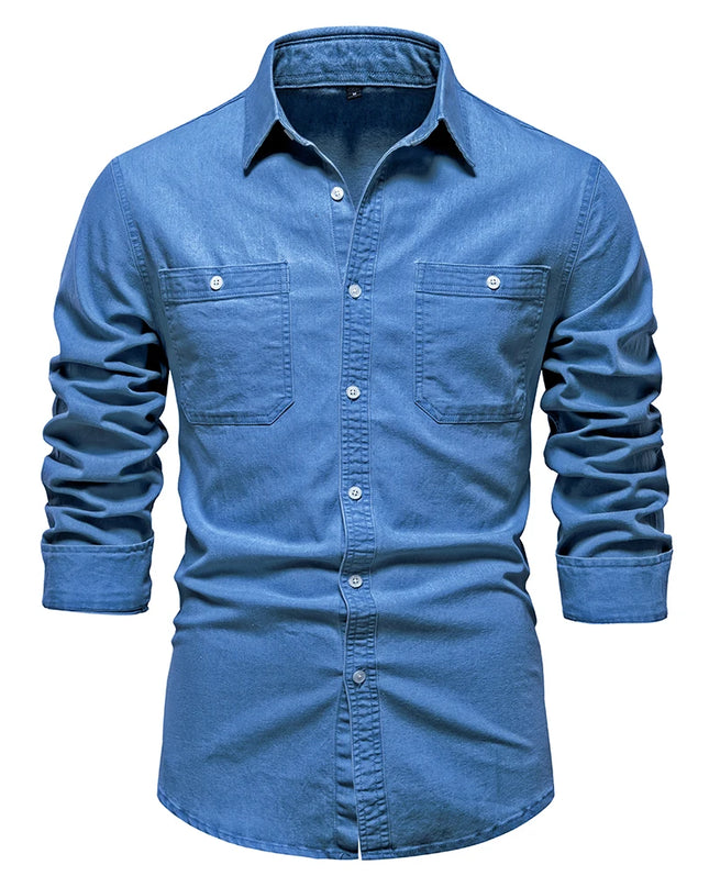 AIOPESON Men's Cotton Denim Shirt - Long Sleeve, Casual Style