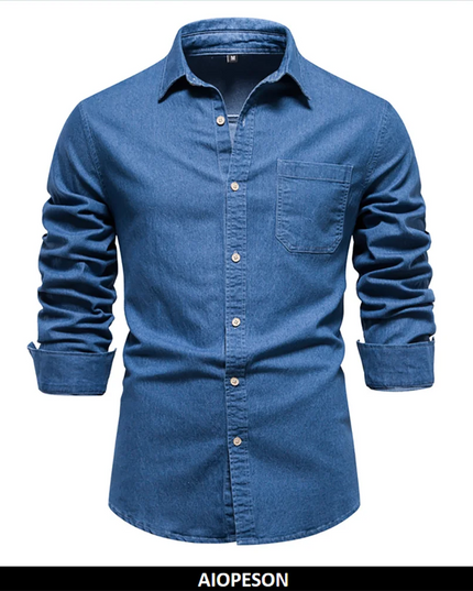 AIOPESON Men's Cotton Denim Shirt - Long Sleeve, Casual Style