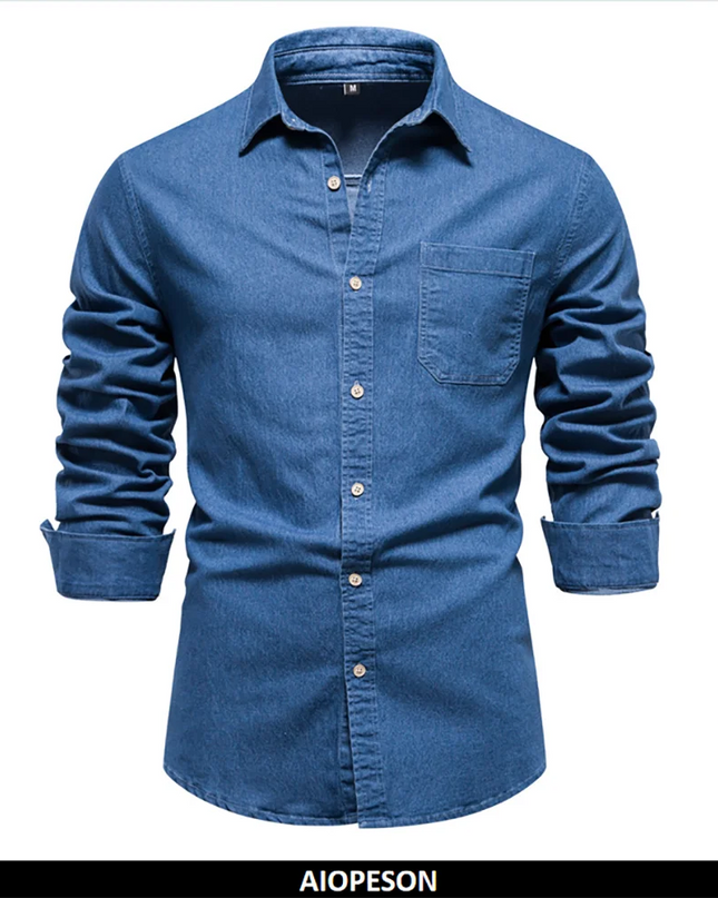 AIOPESON Men's Cotton Denim Shirt - Long Sleeve, Casual Style