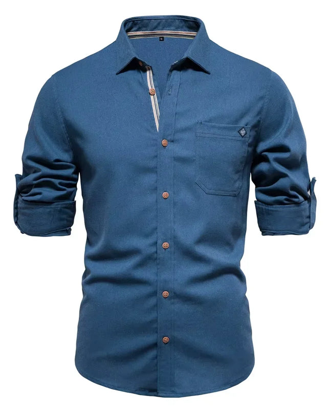 AIOPESON Men's Cotton Long Sleeve Shirt - Solid Color, Single Pocket