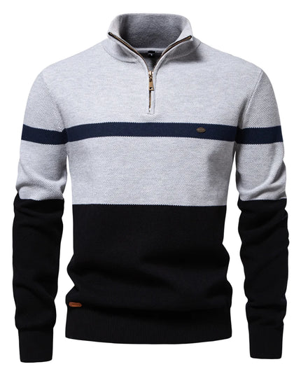 AIOPESON Men’s Cotton Zipper Mock Neck Sweater - Striped Warm Design