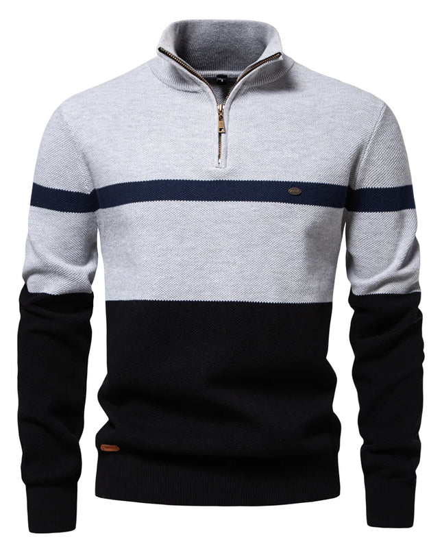 AIOPESON Men’s Cotton Zipper Mock Neck Sweater - Striped Warm Design