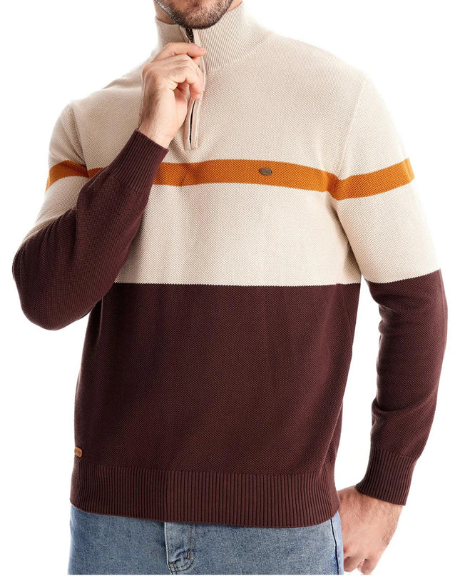 AIOPESON Men’s Cotton Zipper Mock Neck Sweater - Striped Warm Design