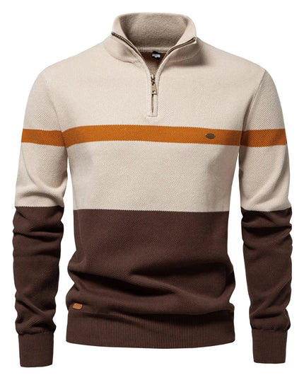 AIOPESON Men’s Cotton Zipper Mock Neck Sweater - Striped Warm Design